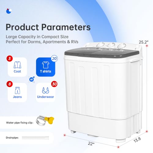 Bonusall Grey Portable Washing Machine 18LBS Compact Mini Laundry Washer with Handle
