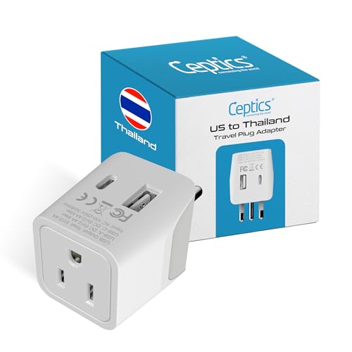 Ceptics Thailand Travel Plug Adapter Gray White with USB-C & USB-A - Compact 3-in-1 Power Converter
