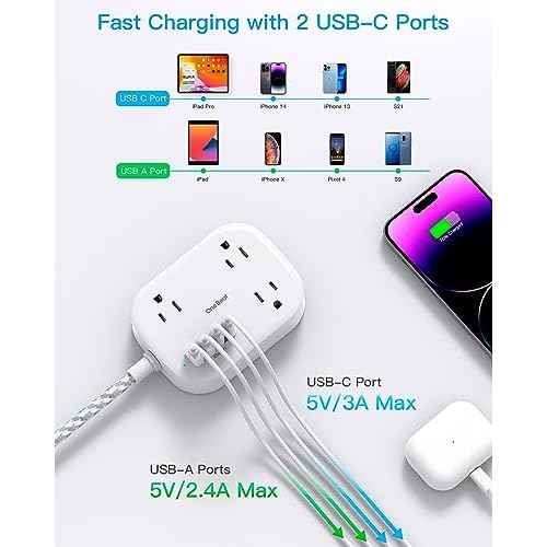 Cruise Essentials 2025,One Beat Travel Power Strip with USB C,Flat Plug Extension Cord with 3 Outlets 4 USB Ports(2 USB C),5 ft Desk Wall Outlet Extender,Non Surge Protector for Cruise,Dorm Room,ETL
