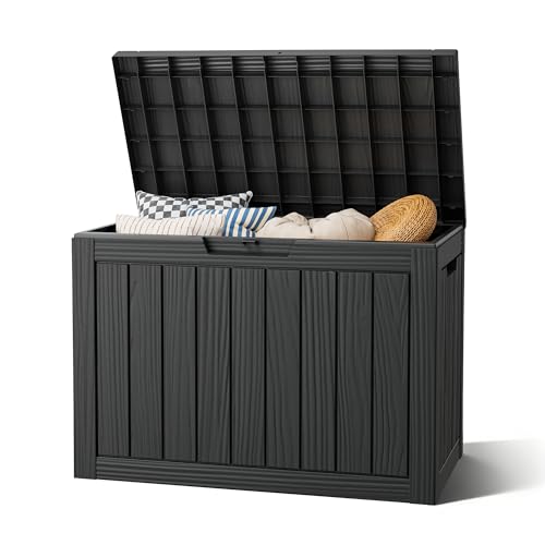 NBYSGO Waterproof Outdoor Storage Box 45 Gal Black Striped Resin Patio Bin