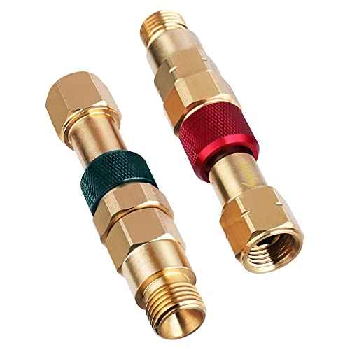 Upgraded QDB10 Torch to Hose Quick Connect Set, With Check Valves. Brass construction color coded for safety (oxy/green, fuel/red).