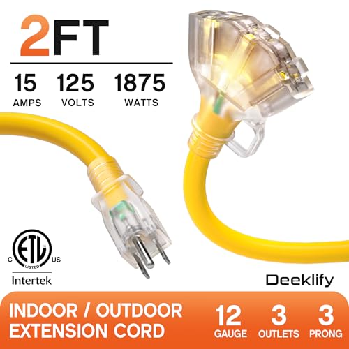 Deeklify 2 FT Heavy Duty 12 Gauge Outdoor Extension Cord with Multiple Outlets
