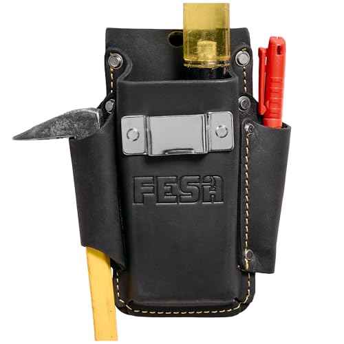 FESA Small Leather Tool Pouch - 4-in-1 Heavy Top Grain Leather Small Tool Pouch with a Steel Tape Measure Clip, 3 Pockets & Reinforced Heavy Duty Rivets - Fits Belts up to 3" - Handcrafted