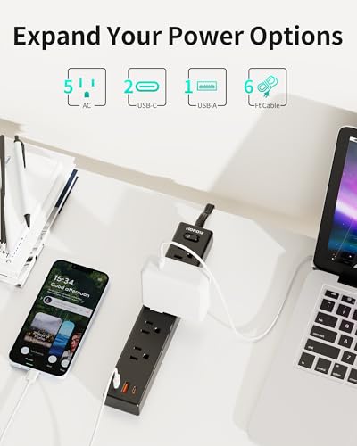 6Ft Surge Protector Power Strip with 1700J, 5AC & 3 USB-C Outlets, Black, Flat Plug Extension Cord