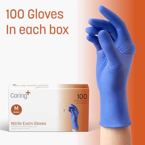 Caring Nitrile Exam Gloves, Blue, Powder-Free, Disposable Gloves for Medical Care, First Aid, Cleaning, Food Prep