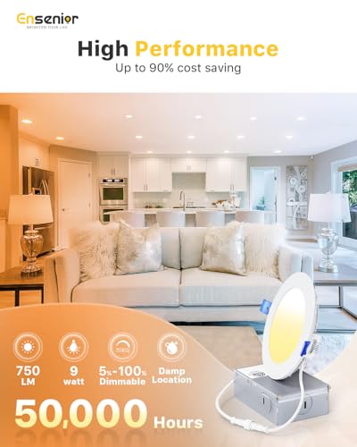 Ensenior 4 Inch LED Recessed Light 5CCT Dimmable Canless Wafer, White, 4 Pack