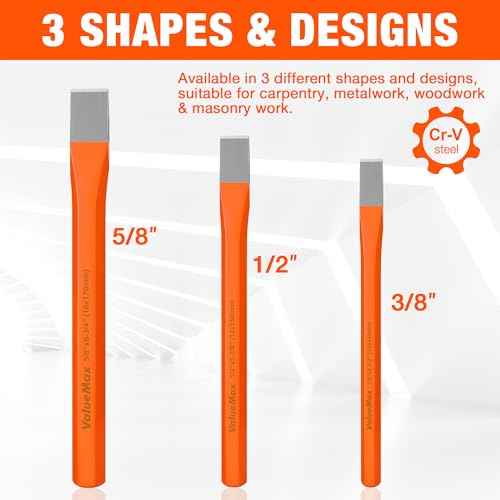 ValueMax 3-Piece Heavy Duty Cold Chisel Set, 3/8-Inch, 1/2-Inch & 5/8-Inch Metal Chisel Set, Premium Cr-V Steel, for Carpentry, Metalwork, Woodwork & Masonry Work