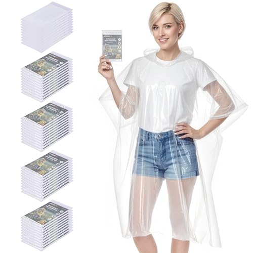 APEXUP Disposable Rain Ponchos for Adults - Clear 50 Pack, Family-Size Waterproof Cover