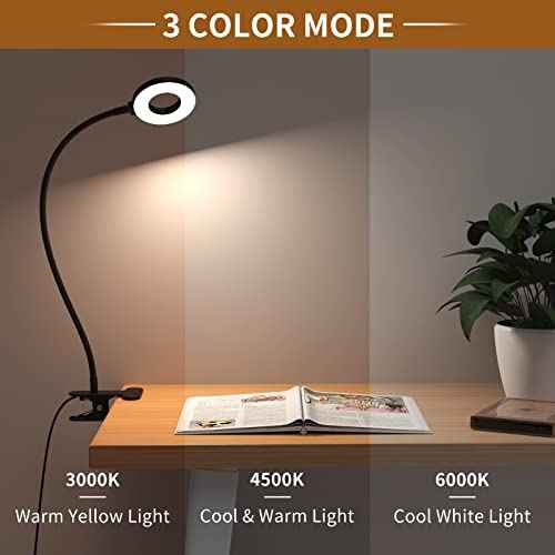 iZELL Desk Lamp, [3 Color Modes & 10 Brightness] LED Reading Light with Clamp, Flexible Gooseneck Book Light for Kids Reading Book in Bed at Night Clip on Table, Headboard, Dorm - 15.8¡®¡¯ Black
