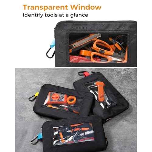 Tool Pouch with Clear Window, 1680D Oxford Small Tool Bag, Heavy Duty Tool Pouches with Zipper, Clear Utility Bag Zipper Pencil Pouches for Organizing and Storage, Pencil Case, 3 Pack