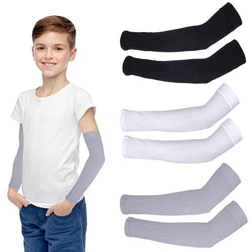 3 Pairs Kids Arm Sleeve, Cooling Compression Sleeve UV Sun Protection Arm Sleeves for Baseball Volleyball Basketball Football Youth Boys & Girls (Black White Grey)