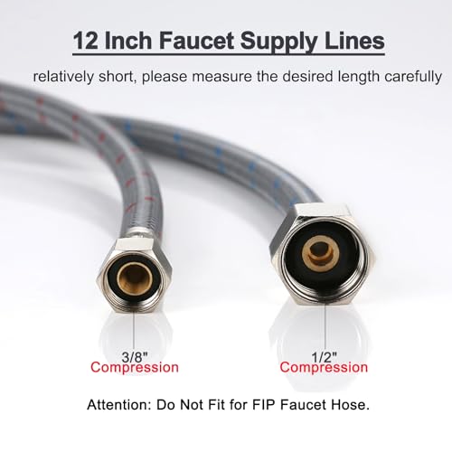 12 Inch Faucet Supply Lines - Braided Nylon Water Connector 3/8" Female x 1/2" Brass, 2-Pack