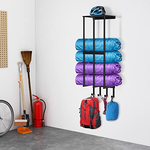 Camping Chair Wall Storage for Garage, Metal Camping Chair Storage Rack Wall Holder, Floating Shelf, 4 Hooks, Stainless Steel, Beach Chair Rack, Umbrella Holder, Garage Chair Organizer, Matte Black