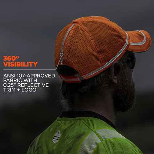 Ergodyne GloWear 8930 High Vis Baseball Hat, Breathable Mesh Paneling, Reflective Trim for Enhanced Visibility,Orange