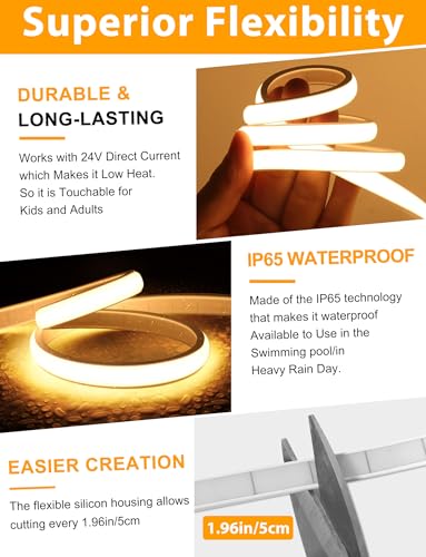Lamomo 16.4Ft Dimmable COB LED Strip Lights Warm White Waterproof Rope Light with Remote
