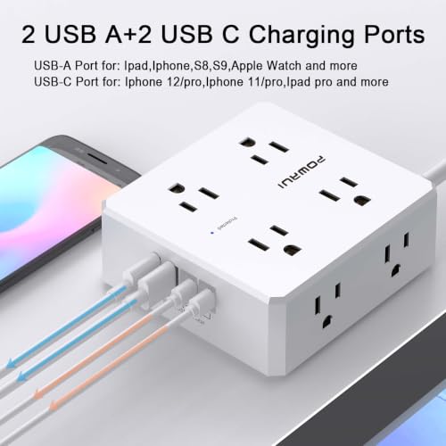 POWRUI 6 Ft White Surge Protector Power Strip with 8 Outlets & 4 USB Ports