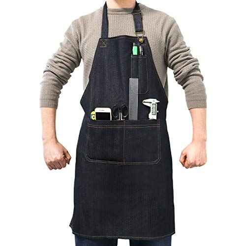 QWORK Heavy Duty Denim Work Apron With Pockets, Adjustable Jean Tool Apron for Men and Women