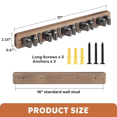 IMILLET Rustic Wall-Mount Broom Holder Brown 17in Organizer for Laundry Room