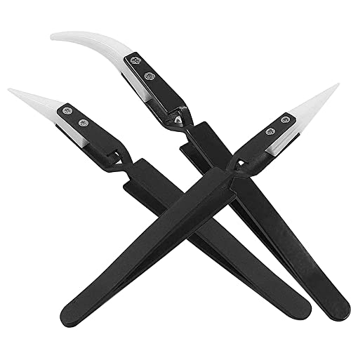 3pcs Stainless Steel Anti-Static Ceramic Solder Tweezers Non-Conductive, Highly Heat Resistant, Anti-Magnetic Straight Curved Tips Precision Tweezers for Electronic Soldering Tool