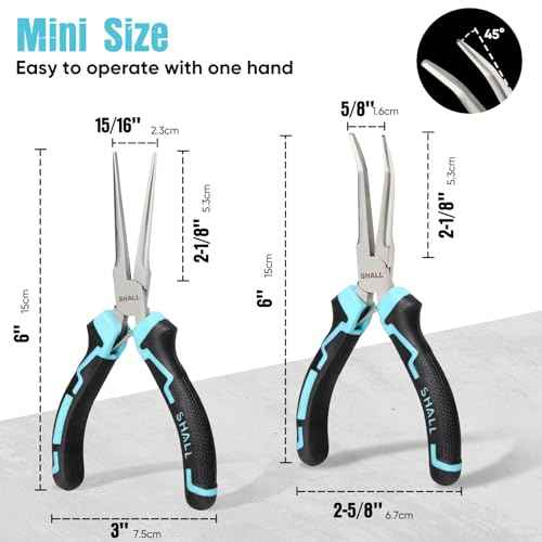 SHALL 6" Mini Needle Nose Pliers Set, 2PCS Long Nose Pliers & Bent Nose Pliers with Comfort Grip Handles, Non-Serrated Small Needle Nose Pliers for Jewelry Making, Bending Wire, Crafts, Home Repair