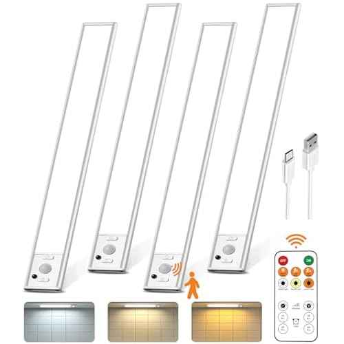 Under Cabinet Lighting with Remote Control,2500mAh USB Rechargeable Motion Sensor Light Indoor,350 Lumen LED Closet Lights,3 Color Temps Wireless Under Counter Lights for Kitchen,Pantry, Stair, 4 Pack