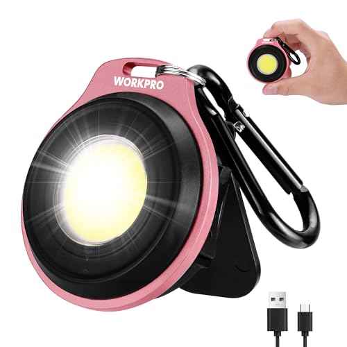 WORKPRO COB Keychain Work Light, Rechargeable Magnetic Keychain Flashlight, Mini Pocket Carabiner Flashlight with Hat Clip, 3 Light Modes Emergency Light for Camping, Hiking and Fishing, Pink Ribbon