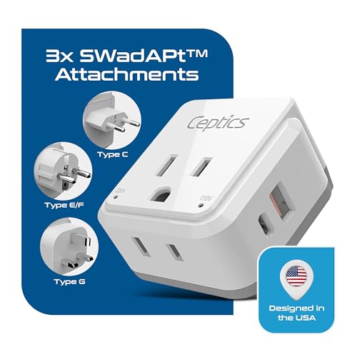 Ceptics White 20W European Travel Plug Adapter with 2 USA Outlets & USB-C/USB-A
