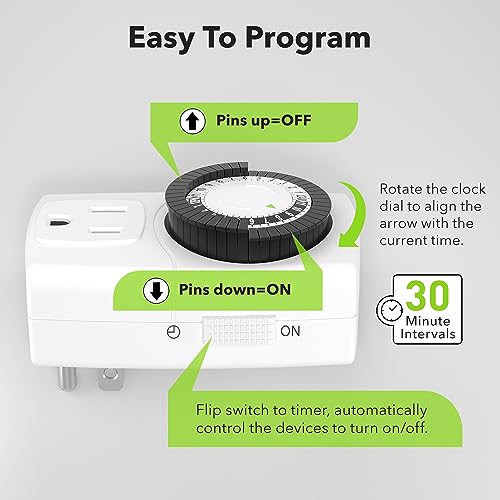 BN-LINK U47 Indoor Mini 24-Hour Mechanical Outlet Timer 3-Prong 2-Pack