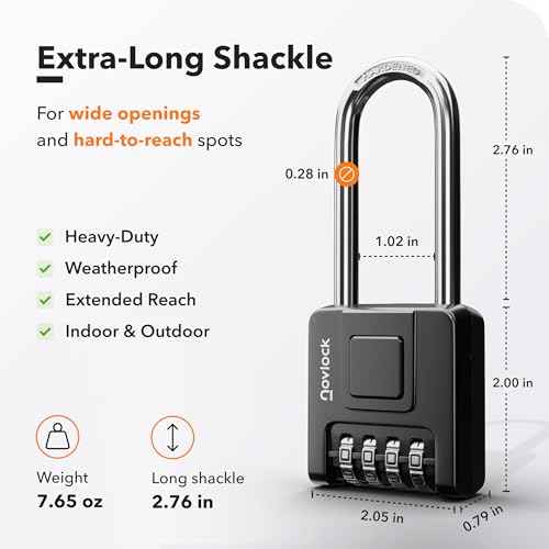 2.76 in Long Shackle Combination Lock for Outdoor & Indoor | Heavy Duty, Weatherproof, 4-Digit Security | Padlock for Gates, Fences, Sheds, Lockers, Storage | 1-Pack, Black
