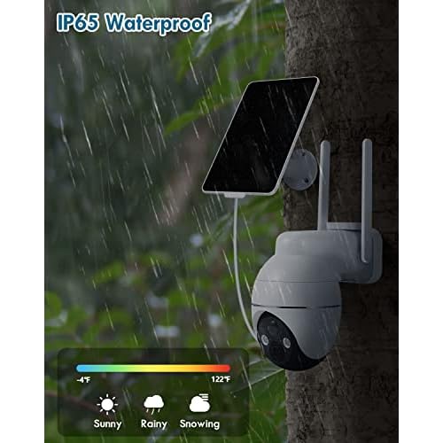 Solar Security Cameras Wireless Outdoor, 2K PTZ Solar Cameras for Home Security, 2.4G Wi-Fi Outdoor Camera Wireless with PIR, Color Night Vision, 2-Way Talk, 4dbi, Spotlight/Siren