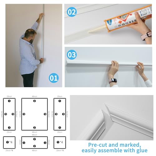 Art3d White Pre-Cut Wall Molding Set - Ready-to-Assemble Decorative Panels, 3 Top & 3 Bottom, Style 1