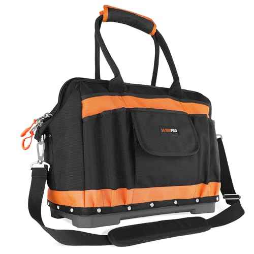 Wide Mouth Tool Bag, 16 Inch Heavy Duty Tool Bag with Multi-Pockets, Molded Waterproof Base for Plumbers, Electricians, Handymen