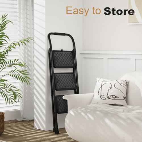 HBTower 3 Step Ladder, 3 Step Stool for Adults, 3 Step Ladder Folding Step Stool with Cushioned Handle Step Ladder with Wide Pedal Ergonomic Design,Black