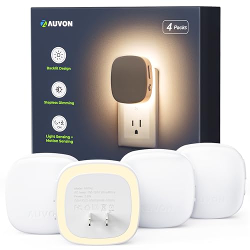 AUVON Warm White Plug-in LED Night Light 4-Pack with Dusk-to-Dawn & Motion Sensor