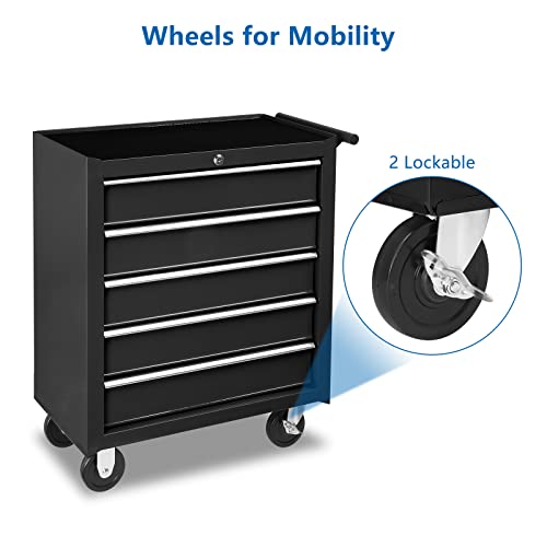 TUFFIOM Black 5-Drawer Rolling Tool Chest with Lockable Wheels, Top Cushion & Drawer Liners