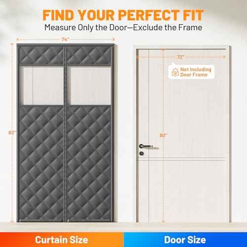 Magnetic Insulated Sliding Door Curtain Fits 72"x80" - Thermal French Door Cover for Winter with Clear Window, Patio Doors Insulation Kit & Doors Draft Stopper for Sliding Glass French Doorway - Black