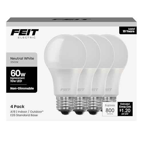 Feit Electric A19 LED Light Bulb, 60W Equivalent, E26 Medium Base, 800 Lumens, 3500K Neutral White, Non-Dimmable Standard Light Bulb, 10-year Lifetime, A800/835/10KLED/4, 4 Packs