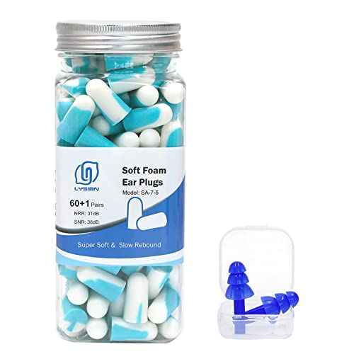 LYSIAN Noise Cancelling Earplugs for Sleep - 60 Pairs, 38dB Disposable Ear Plugs for Sleeping, Snoring, Shooting, Mowing Loud Sound Reduction- Double Color Light Blue/White