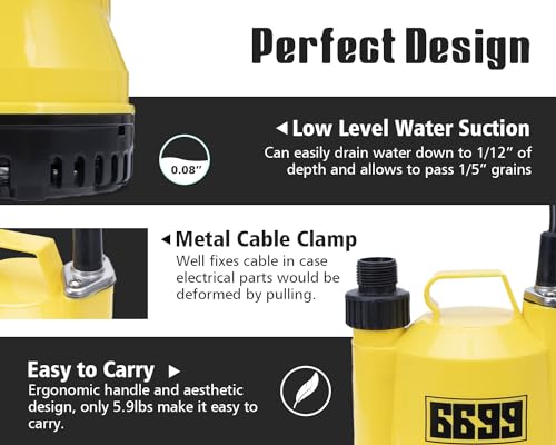 1/6HP Submersible Utility Pump for Water Drainage, Flood Cleanup, 1100 GPH