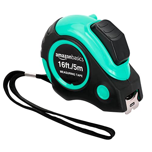 Amazon Basics 16 ft Retractable Tape Measure with Metric & SAE - Turquoise, Model 4.9m