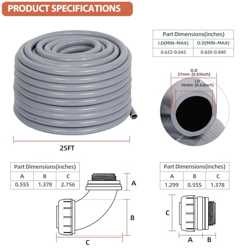 Neorexon 1/2 Inch 25ft Liquid-Tight Conduit Kit UL Certified Flexible PVC