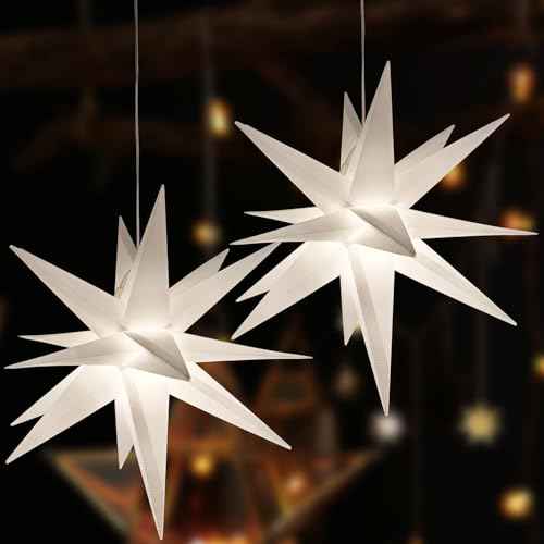 2-Pack 16.5" Moravian Star Light, Easy Assembly Warm White LED Light for Christmas Decorations, Indoor and Outdoor Hanging, Advent Star, Porch Light with Timer, Wedding Home D?cor