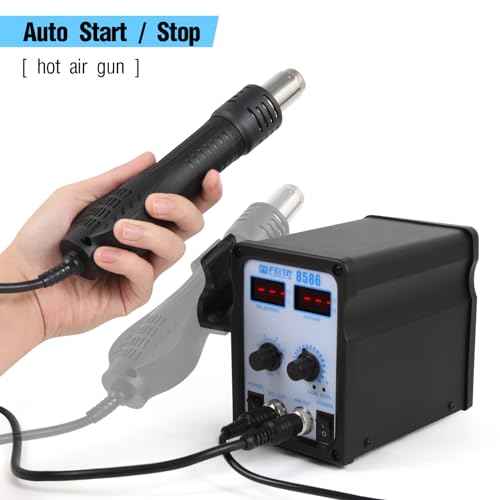 FEITA 8586 SMD Hot Air Rework Station 2 IN 1 Digital Soldering Iron & Heat Air Gun with 5 Solder Tips, 1 Solder Sucker, 1 Solder Wire, 1 Curved Tweezer, 3 Nozzles Kit