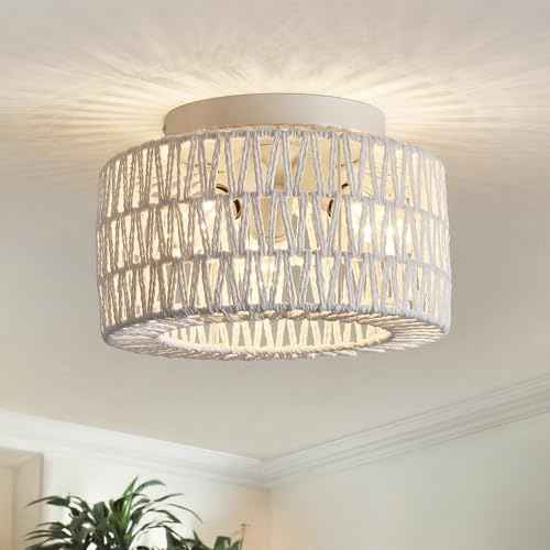 Rattan Light Fixtures Ceiling Mount, 3-Lights Boho Flush Mount Ceiling Light, Hand-Woven Cage Shade Lamp Lighting, Rustic Rattan Chandelier for Hallway Bedroom Kitchen Farmhouse Foyer Entryway (White)