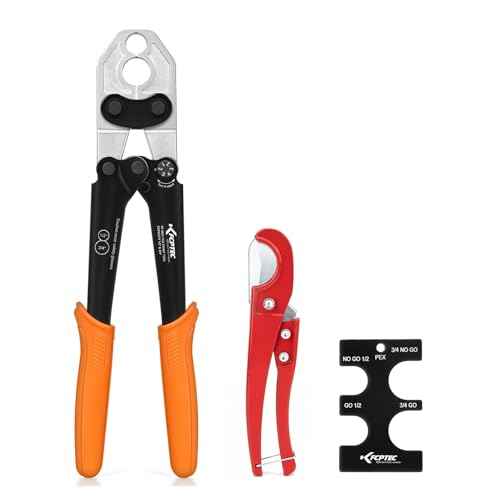 KF CPTEC Pex b Crimping Tool Heavy-Duty Forged Steel PEX Crimp Tool with Tubing Cutter for 1/2'' & 3/4'' Copper Crimp Rings, Includes Go/No-Go Gauge, ASTM F1807 Plumbing Tool
