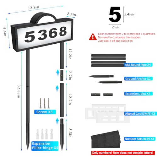 GEYUEYA Home Solar Address Sign with 2 Light Modes, Waterproof Yard Number Plaque
