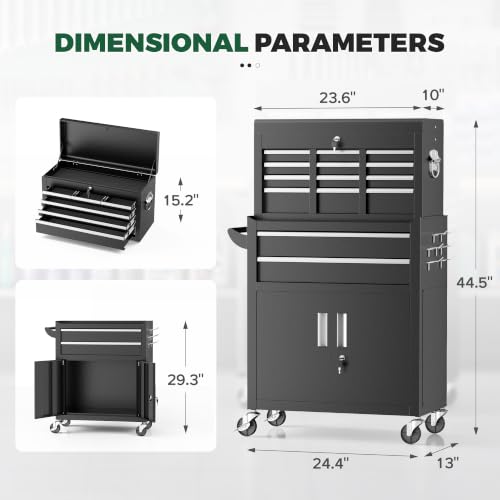Greenvelly 8-Drawer Rolling Tool Chest with Wheels, Detachable Top, Locking, Black