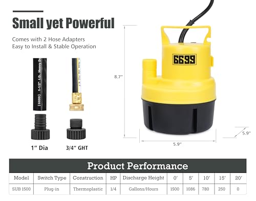6699 1/4 HP Submersible Utility Pump 1500 GPH Water Transfer Pump Thermoplastic