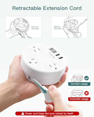 Addtam White Cruise-Approved Power Strip with 5ft Retractable Cord - Travel Essential