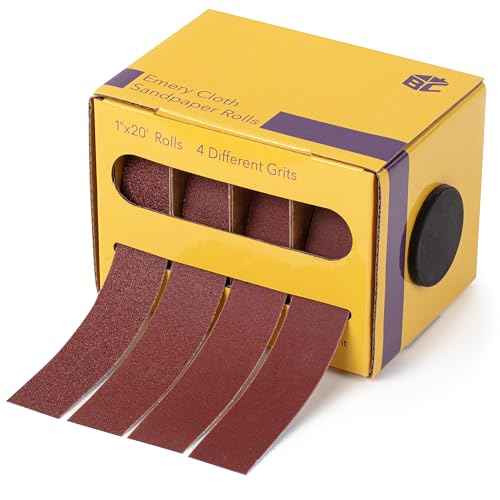 Bates- Emery Cloth Roll, 1" x 20 FT, 4 Grits, 120/180/360/600 Grit, Abrasive Sandpaper Roll of Sandpaper Set with Dispenser, Emery Cloth for Metal, Wood, Polishing